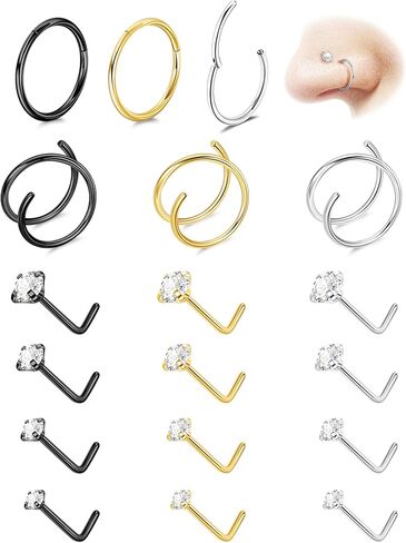 18 قطعة 20 جرام 316L حلقات الأنف من الفولاذ المقاوم للصدأ هوب للنساء والرجال تشيكوسلوفاكيا الأنف ترصيع الفرس يتوقف الأنف الأطواق مزدوجة الأنف الدائري الثقب مجوهرات in Kuwait