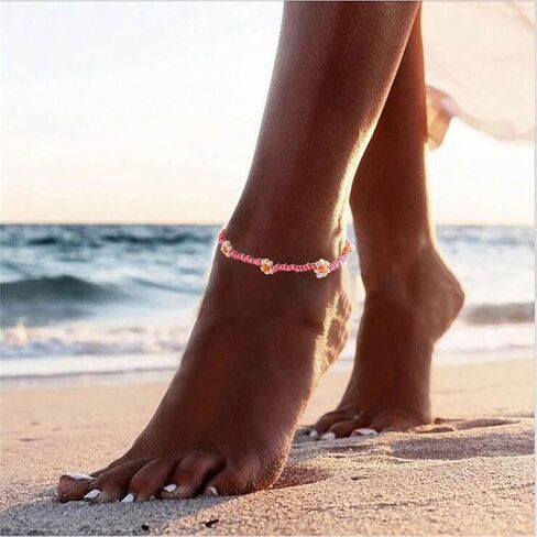 Obmyec Handmade Beaded Anklet Colored Flower Foot Chain Boho Ankle Bracelet Extension Ankle Accessories Sea Foot Slave Chain Jewelry for Women and Girls in Saudi Arabia