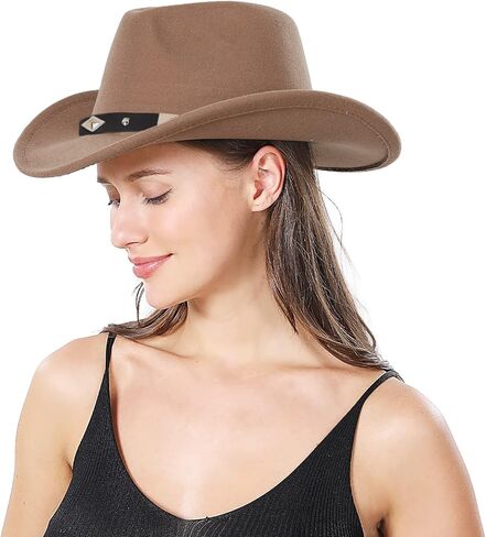 Felt Western Cowboy Hat for Men Women Faux Classic Fedora Roll Up Brim Hat Western Cowboy Outdoor Hat with Belt… in Kuwait