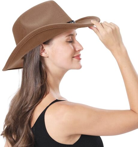 Felt Western Cowboy Hat for Men Women Faux Classic Fedora Roll Up Brim Hat Western Cowboy Outdoor Hat with Belt… in Kuwait