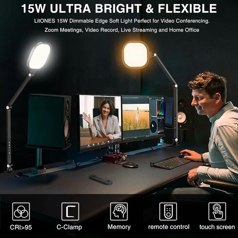 LitONES Video Conference Lighting for Computer, Zoom, Video Recording,White | 15W Desk Ring Light with C- Clamp, Swing Arm, Remote, Memory & Timer CRI 97.8, Video Lighting for Webcam,Streaming, Podcast in Saudi Arabia