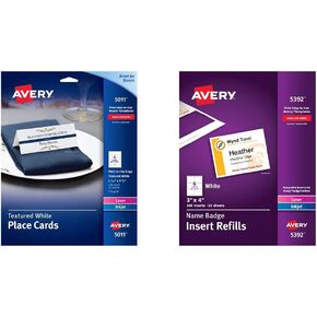 Avery Small Place Cards, Laser & Inkjet Printers, 150 Printable Cards, Textured (5011) & Name Badge Inserts, Print or Write, 3 x 4 Inch, 300 Card Stock Refills (5392), White