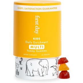 FIRST DAY Kids Daily Multivitamin Gummies – Vitamin A, D3, B6, B12, C, K2 & More to Support Growth, Brain Function, Immunity – Made w/Organic Fruits & Veggies, Only 2g Sugar – 2-Pk, 60 Day Supply