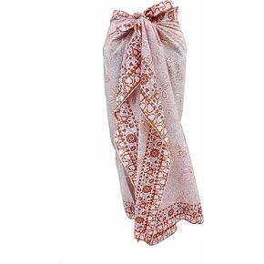 FIKIMOS Cotton Sarong Hand Block Print Womens Swimsuit Wrap Cover Up Long (73" x 44") Red-3