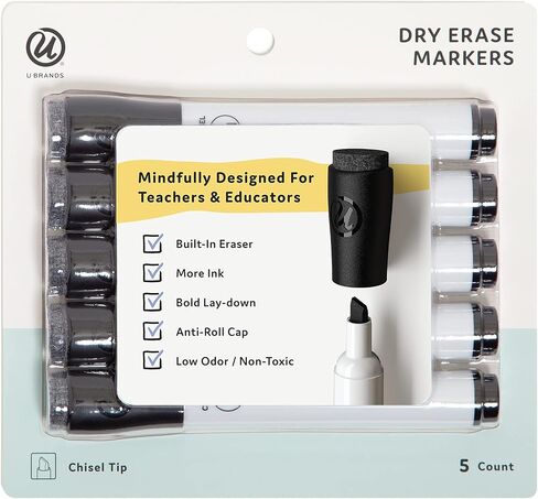 U Brands Low Odor Dry Erase Markers with Erasers, Chisel Tip, Black, 5 Count in Saudi Arabia