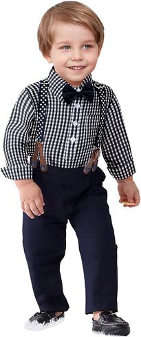 Yilaku Baby Boys Dress Clothes Formal Wedding Outfits Suspender + Bow Tie + Shirt + Pants 4Piece Infant Gentleman Suits in Kuwait
