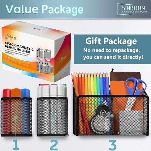 Sinboun 3 Pack Magnetic Pencil Holder Magnetic Storage Basket Organizer, Metal Magnetic Pen Holder Storage Basket for Whiteboard Refrigerator for Home School and Office in Saudi Arabia