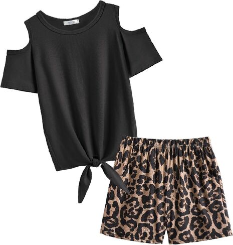 Arshiner Girls Short Sets 2 Pieces Outfits Short Sleeve Tie Knot T-Shirts and Casual Shorts With Pockets Cute Clothes Sets in Saudi Arabia