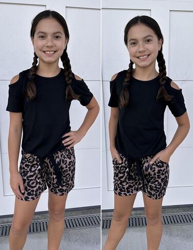 Arshiner Girls Short Sets 2 Pieces Outfits Short Sleeve Tie Knot T-Shirts and Casual Shorts With Pockets Cute Clothes Sets in Saudi Arabia
