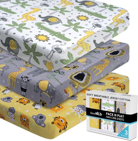 GROW WILD Pack n Play Sheets | Mini Crib Sheets 3-Pack, Soft Pack and Play Sheets, Premium Bassinet Sheet, Safari Elephant Yellow Gray White in Saudi Arabia