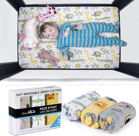 GROW WILD Pack n Play Sheets | Mini Crib Sheets 3-Pack, Soft Pack and Play Sheets, Premium Bassinet Sheet, Safari Elephant Yellow Gray White in Saudi Arabia