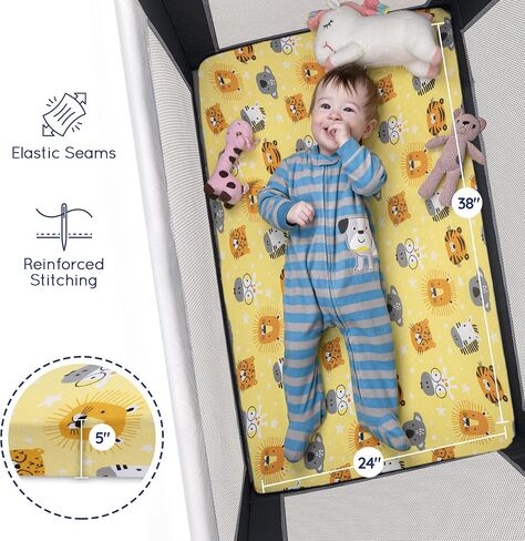 GROW WILD Pack n Play Sheets | Mini Crib Sheets 3-Pack, Soft Pack and Play Sheets, Premium Bassinet Sheet, Safari Elephant Yellow Gray White in Saudi Arabia