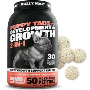 Bully Max 2-in-1 Puppy Vitamins - 30 Chewable Tablets for Development and Growth of Puppies - Dog Vitamin Tablet Supplements for Small Dogs, Large Breed Pups and Growing Dogs (Feed 1-2 Tabs per Day)