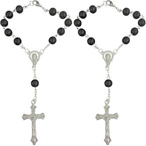 2PCS Car Rosary for Rearview Mirror, Black Rosary Pendant Car Interior Rear View Mirror Charm Auto Decors, Car Medal and Cross Personalized Hanging Accessories for Women Men (Black)