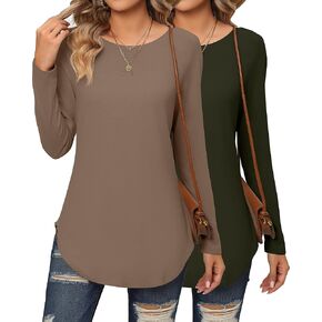 Ficerd 2 Pack Women's Long Sleeve Shirts, Loose Fit Crew Neck Tunic Tops Loose Fit Side Split Basic Pullover Tee Shirts