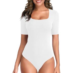 TQD Womens Short Elbow Sleeve Bodysuit Square Neck Bodysuit Tank Top Leotard Body Suit Tshirts Blouse Tops for Women