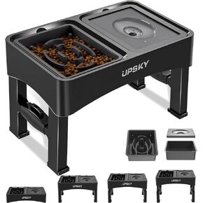 UPSKY 2-in-1 Elevated Dog Bowls Slow Feeder, 4 Height Adjustable Raised Dog Bowl Stand, No Spill Dog Water Bowl and Stainless Steel Dog Food Bowl Dispenser for Medium Large Dogs, White.