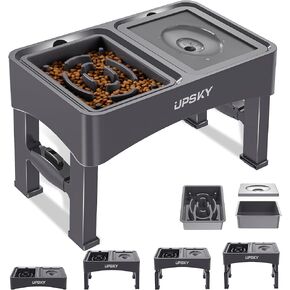 UPSKY 2-in-1 Elevated Dog Bowls Slow Feeder, 4 Height Adjustable Raised Dog Bowl Stand, No Spill Dog Water Bowl and Stainless Steel Dog Food Bowl Dispenser for Medium Large Dogs, White.