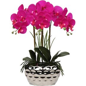 Briful Orchids Artificial Flowers 18" White Phalaenopsis Large Orchid with Silver Ceramic Pots Silk Faux Orchid Arrangement for Home Office Bathroom Living Room Table Decoration