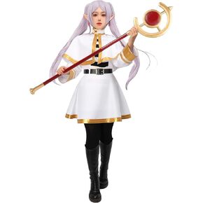 C-ZOFEK Frieren Costume Elf Cosplay White Cape Skirt Uniform with Pantyhose and Earrings