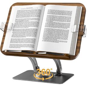 Book Stand for Reading,KVRG Adjustable Book Holder with 360° Rotating Metal Base,Foldable Cookbook Stand, Reading Hands Free with ABS Expandable Page Clips for Recipe,Textbook,Laptop-Black