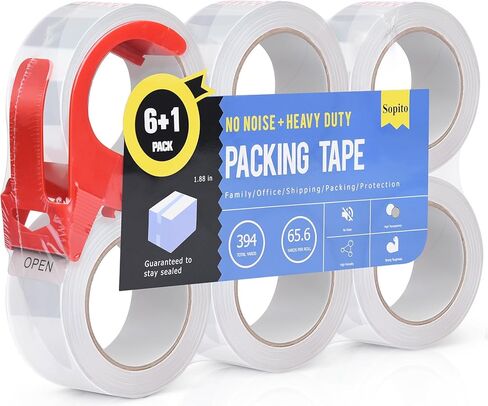 شريط شحن، شريط تعبئة للاستخدام العائلي بدون ضوضاء مع موزع 1.88 بوصة × 2362 بوصة (65.6 ياردة) عبوات شريط شفاف شديدة التحمل، 6 بكرات in Kuwait