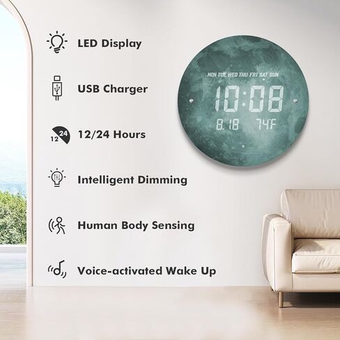 Digital Wall Clock Smart Lighted Silent 12/24H LED Wall Clock Large Display Modern Non Ticking Clock with Temperature Time Clocks for Living Room Bedroom Office Kitchen Decor 12 Inch(Moon) in Kuwait