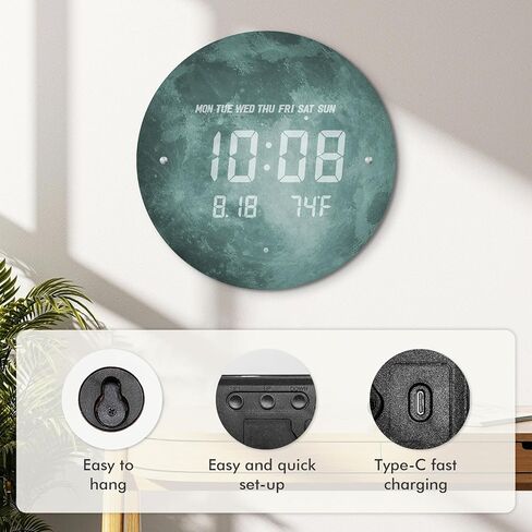 Digital Wall Clock Smart Lighted Silent 12/24H LED Wall Clock Large Display Modern Non Ticking Clock with Temperature Time Clocks for Living Room Bedroom Office Kitchen Decor 12 Inch(Moon) in Kuwait