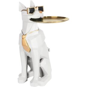 homary Modern Resin Dog Sculpture Geometric Standing Statue Cute End Side Table with Metal Storage Tray Tissue Box (White)