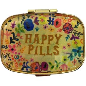 Happy Pills Pill Organizer Cute Metal Pill Case Travel Friendly Portable Compact Pill Box Pill Container to Hold Tylenol/Vitamins/Fish Oil/Supplements/Meds/Tablet for Purse/Pocket