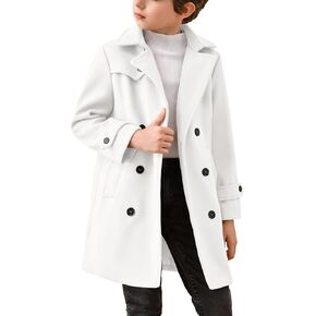Haloumoning Boys Double Breasted Peacoat Notched Lapel Collar Wool Blend Long Coat with Pockets
