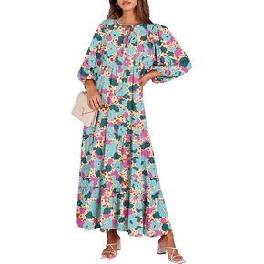 ANRABESS Womens Summer Maxi Dresses 2024 Boho Long Flowy Tropical Floral V Neck Puff Sleeve Casual A-Line Beach Dress