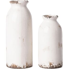 VICTOR & TERESA Small Vase Set for Home Decor, Rustic Green Ceramic Vases for Flowers, Modern Farmhouse Vases for Pampas Grass,Table Accent, Mantel, Living Room, shelf, Centerpieces, Set of 2, 7.9inch