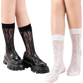 AWOCAN 2PCS Women's Lace Socks Ankle Socks Bow Short Socks High Elastane Knee High Stockings Mesh Socks for Women