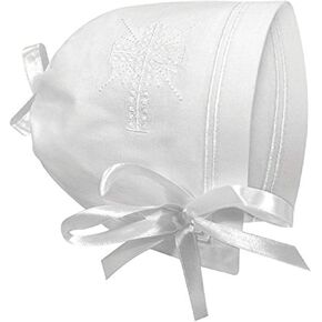 Stephan Baby Bonnets - White Cotton Christening Bonnet with Cutwork Embroidered Cross and Satin Bows, One Size, Scalloped Hem