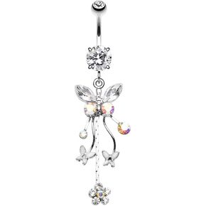 Pierced Owl 14GA Stainless Steel Butterfly with Dangling Charms Belly Button Ring