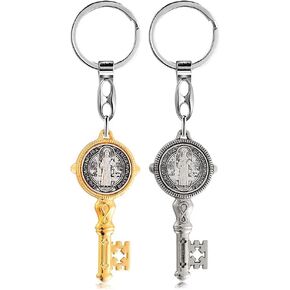 OEMOO 2Pcs Saint Benedict Medal Keychain, Silver Toned Saint Benedict Jubilee Medal Key Shaped Pendant Key Chain, Fine Detail Great Gift for Family Friend