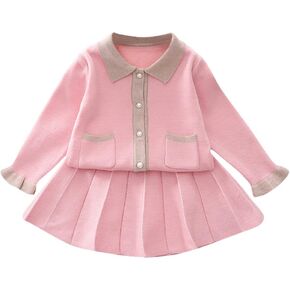Toddler Baby Girls Autumn Winter Clothes Crochet Knitted Button up Long Sleeve Ruffle Bowknot Sweater Tops+Pleated Mini Tutu Skirt 2pcs Outfit Princess Dress up Costume for Kids Orange 18-24 Months