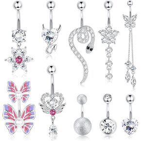 Subiceto 10Pcs Surgical Steel Belly Button Rings Set for Women Gold Plated Dangle Belly Piercing Dangling Cute Cz Snake Butterfly Navel Rings Pack in Kuwait