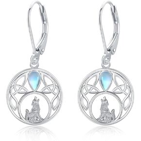 Wolf Earrings S925 Sterling Silver Moonstone Wolf Leverback Earrings Crescent Moon Dangle Drop Earrings Animal Earrings Wolf Hoop Earrings Howling Wolf Jewelry for Women Girls, Sterling Silver, No in Kuwait
