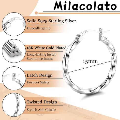 Milacolato 925 Sterling Silver Hoop Earrings for Women Girls 18K White Gold Plated Twisted Hoop Earrings Hypoallergenic Lightweight Click-Top Big Hoop Earrings 13/15/20/25/30/40/50/60mm in Kuwait