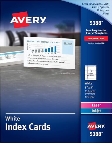 بطاقات فهرسة ليزر/نفث الحبر من Avery 5388، مثقوبة، 3 بوصة × 5 بوصة، 150/BX، أبيض غير لامع in Saudi Arabia