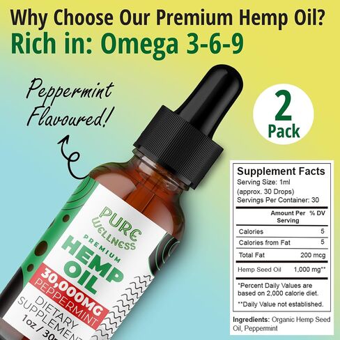 Pure Wellness Hemp Seed Oil Drops Natural Hemp Flavor for Improved Cognitive Function, Omega 3 6 9 Fatty Acids, Organic, Non-GMO, Vegan (30,000mg 2-Pack) in Saudi Arabia