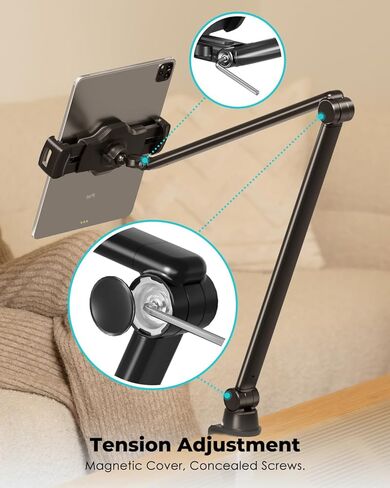 Viozon حامل حامل للهاتف اللوحي مع ذراع طويل مرن، أجهزة 3.5-13 بوصة، ارتفاع وزاوية قابلة للتعديل، شديد التحمل، حامل مكتب على السرير متوافق مع iPad iPhone للتصوير الفوتوغرافي لمدونة الفيديو، أبيض in Kuwait