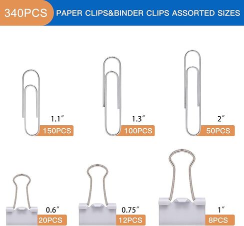 مشابك ورق، مشابك ورق، 340 قطعة من مشابك الورق بأحجام متنوعة، مشابك ورق بأحجام متنوعة، مشبك ورق فضي، مشبك ورق أسود in Kuwait