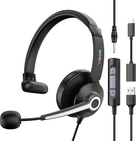 سماعة رأس Wantek مع ميكروفون، سماعة رأس USB مع ميكروفون، سماعة كمبيوتر مع ميكروفون عازل للضوضاء لأجهزة الكمبيوتر المحمول، أدوات التحكم في كتم الصوت، سماعة رأس سلكية للعمل من المنزل/المكتب المفتوح/مركز الاتصال in Kuwait