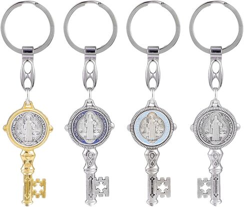 OEMOO 2Pcs Saint Benedict Medal Keychain, Silver Toned Saint Benedict Jubilee Medal Key Shaped Pendant Key Chain, Fine Detail Great Gift for Family Friend in Saudi Arabia