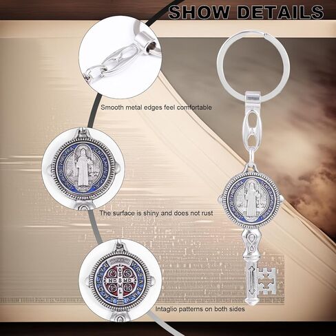 OEMOO 2Pcs Saint Benedict Medal Keychain, Silver Toned Saint Benedict Jubilee Medal Key Shaped Pendant Key Chain, Fine Detail Great Gift for Family Friend in Saudi Arabia