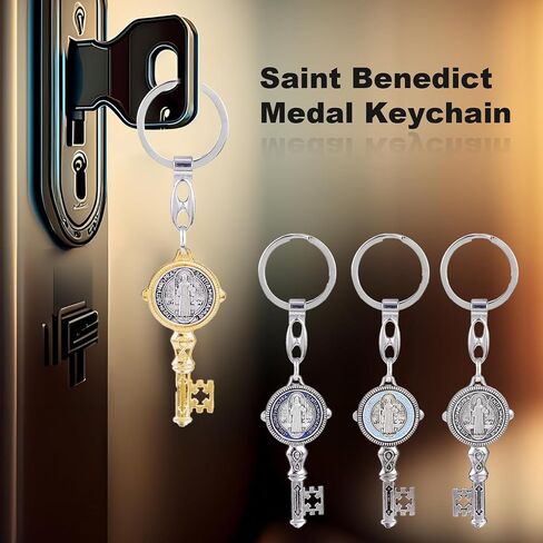 OEMOO 2Pcs Saint Benedict Medal Keychain, Silver Toned Saint Benedict Jubilee Medal Key Shaped Pendant Key Chain, Fine Detail Great Gift for Family Friend in Saudi Arabia