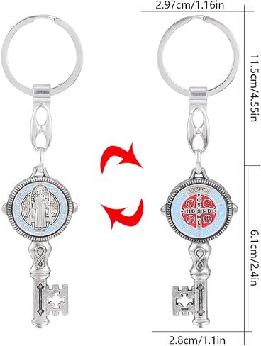 OEMOO 2Pcs Saint Benedict Medal Keychain, Silver Toned Saint Benedict Jubilee Medal Key Shaped Pendant Key Chain, Fine Detail Great Gift for Family Friend in Saudi Arabia